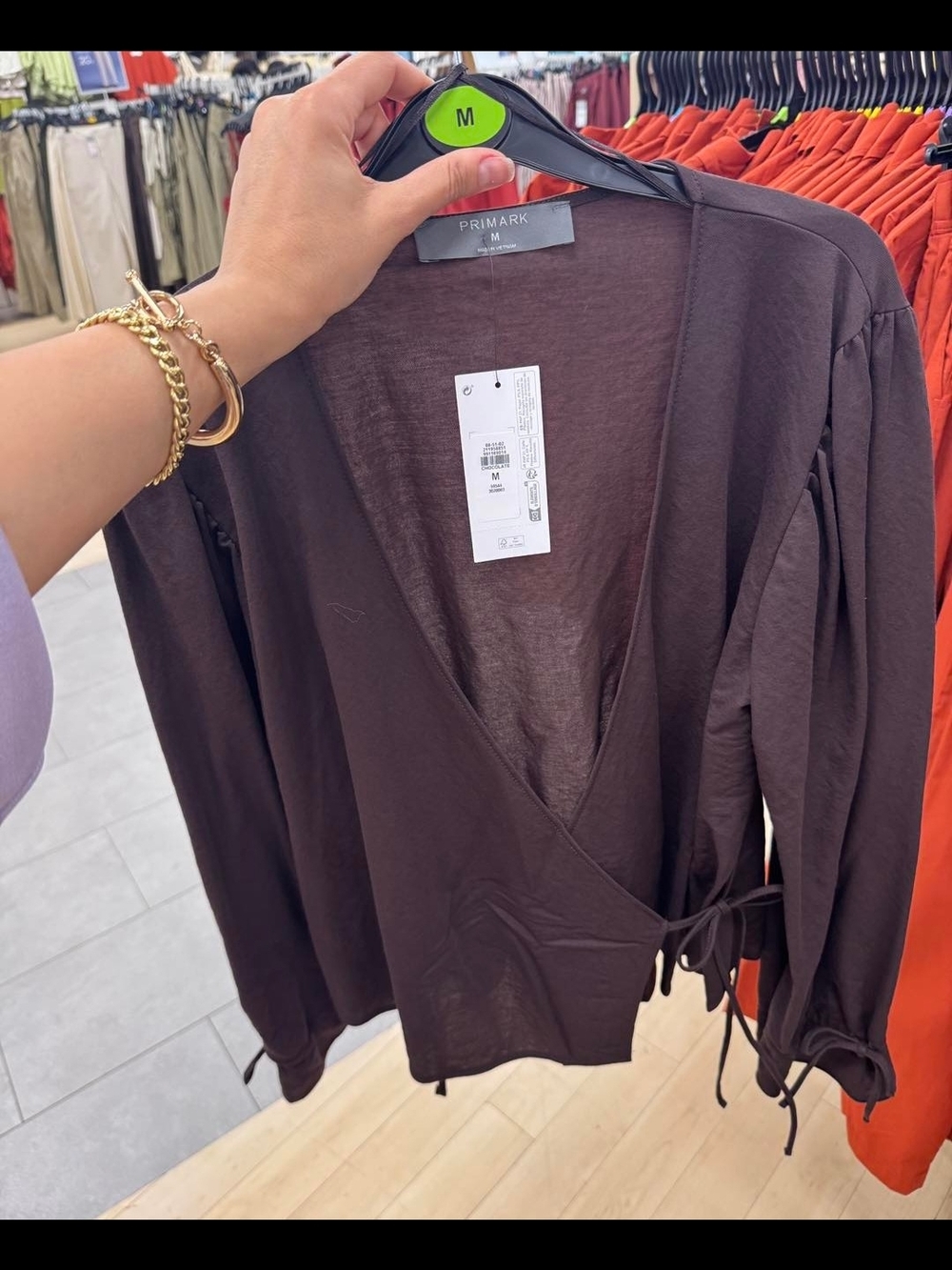 Primark Brown Wrap Top - V-Neck Tie Front (M)